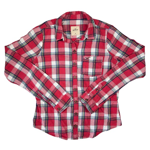Y2k Hollister Plaid Button Up Shirt Womens M Red Flannel 2000s Preppy Layering - Picture 1 of 6